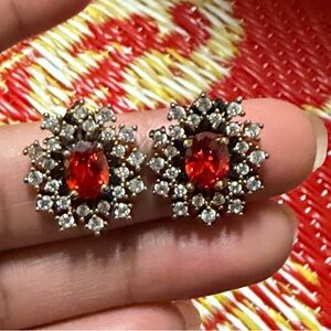 Gold-Tone Red Crystal Flower Stud Earrings - Women Jewelry